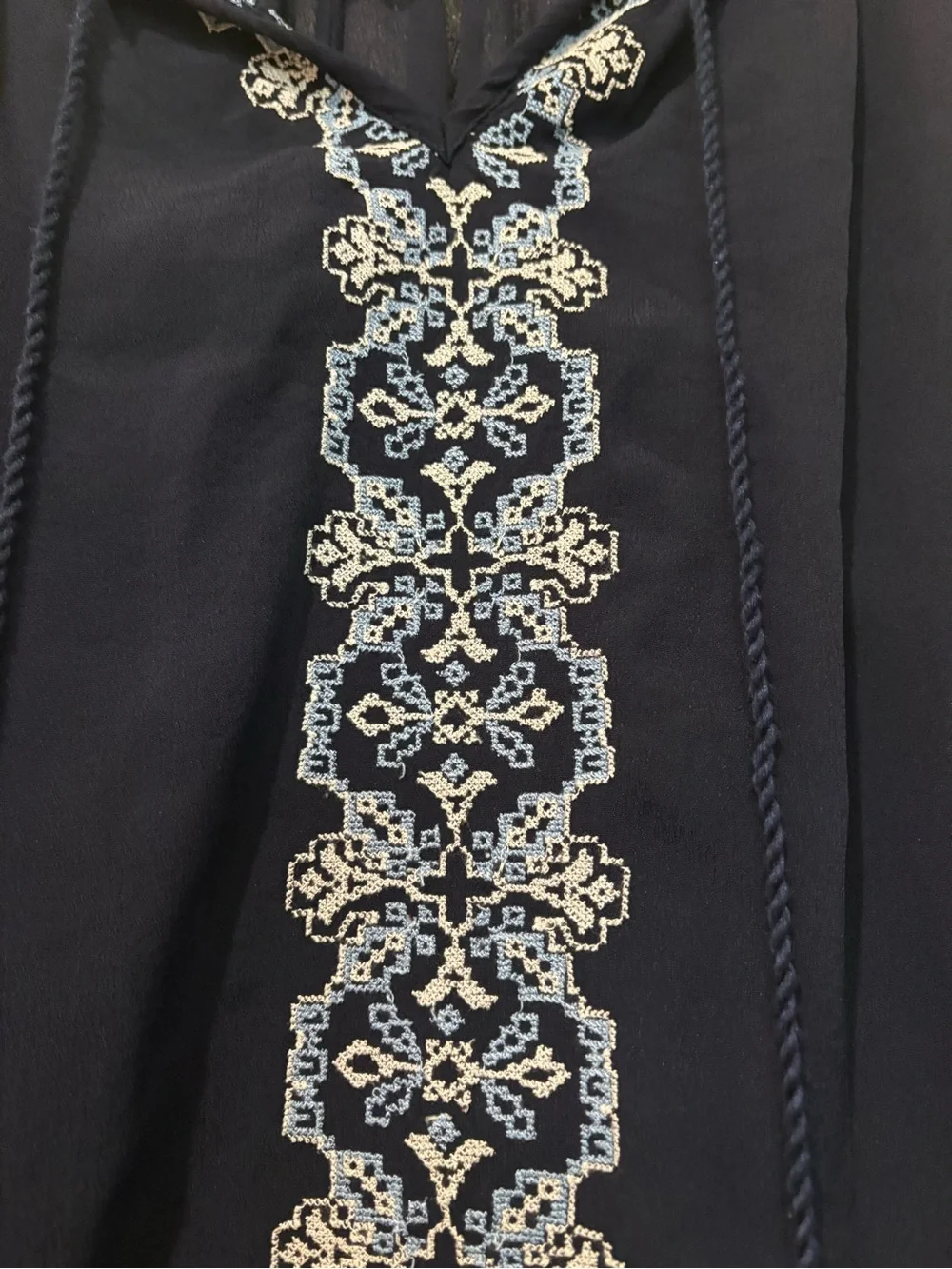 Karen Kane Navy Peasant Blouse with Light Blue Embroidery